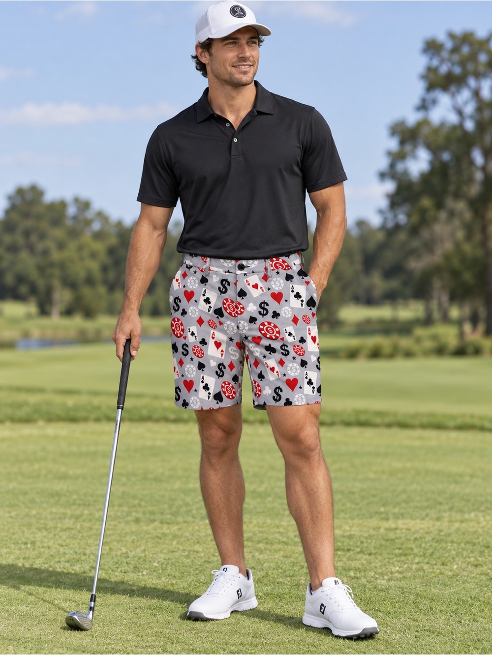 HRESKI Men’s Golf Shorts | Casino Poker Cards Vegas Print | Size 32